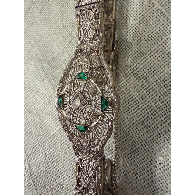 1920s Art Deco Platinum & 14k Gold Estate Emerald & Diamond Bracelet For Sale - Image 17 of 18