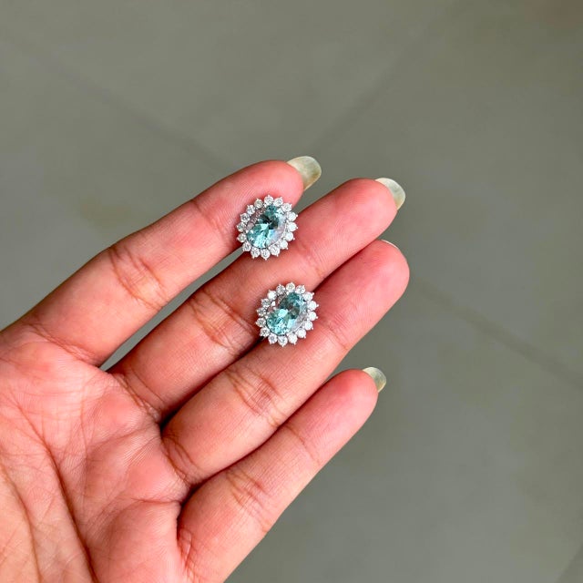 Contemporary VRJewels 3.72ct Oval Aquamarine Diamond Halo Stud Earrings in 14k Gold- 2 Pieces For Sale - Image 3 of 15