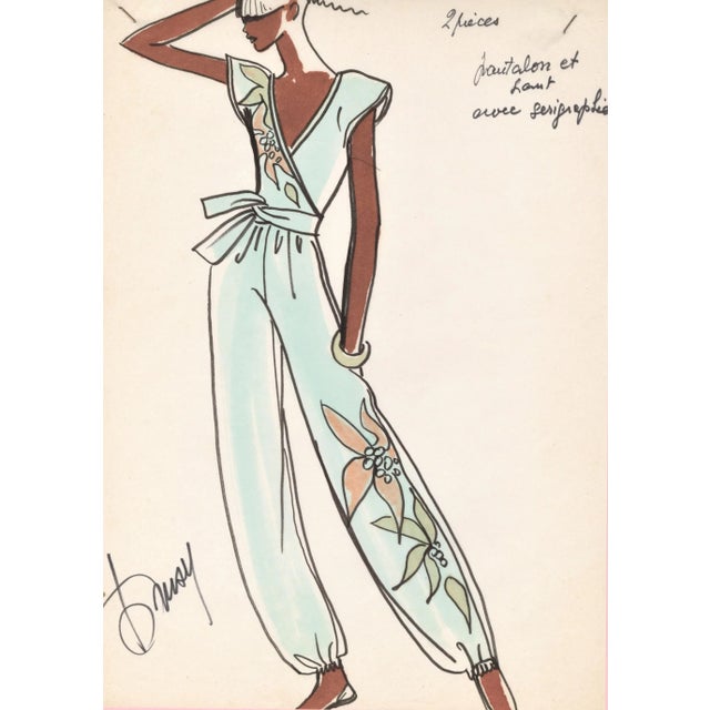 1980's Rare Original French Fashion Drawing Summer Beach Cruise Wear For Sale - Image 4 of 4