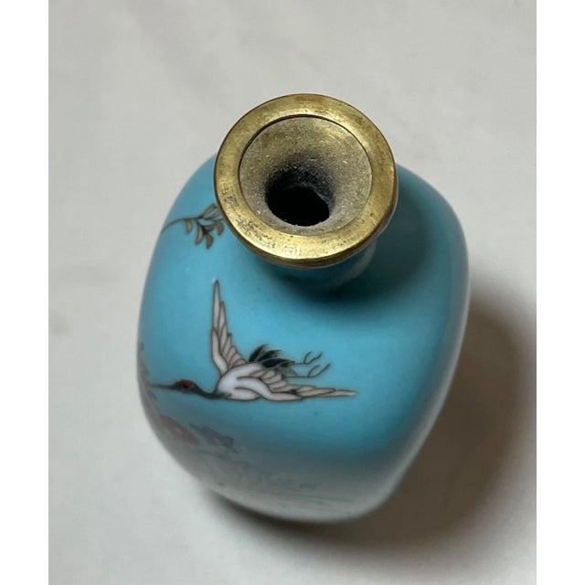 Antique 19th Century Japanese Meiji Cloiosnne Miniature Enamel Crane Blue Vase For Sale - Image 10 of 13