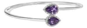 .925 Sterling Silver 8 x 5.5mm Pear Shape Amethyst and Diamond Accent Halo Bypass Bangle Bracelet - Fits up to 7" Inches
