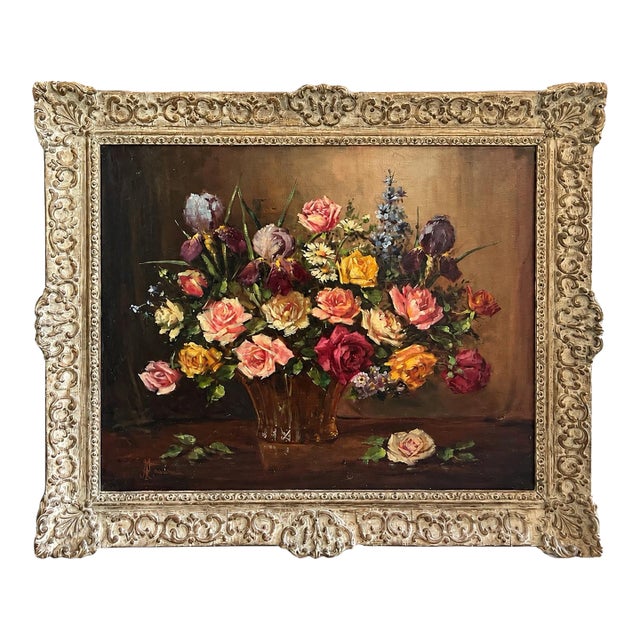 Vintage Continental Floral Still Life Oil Painting – Ornate Baroque Style Frame For Sale