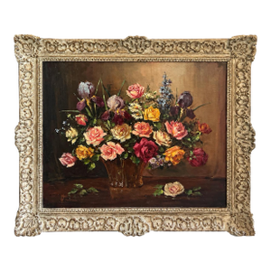 Vintage Continental Floral Still Life Oil Painting – Ornate Baroque Style Frame