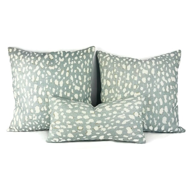Kravet Jan Showers for Kravet Lynx Dot in Ciel Pillow Cover - Square Euro Sham - Light Blue With Cream Animal Spot Linen Print Cushion Case For Sale - Image 4 of 6