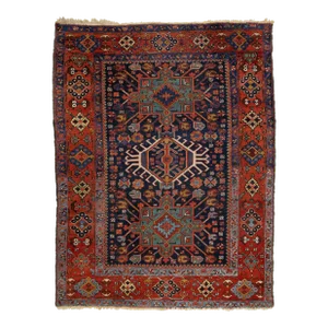 Blue and Rust Vintage Karajah Handmade Wool Rug With Allover Pattern