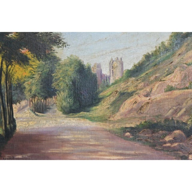 Green French Vintage Landscape Painting with Cathedral For Sale - Image 8 of 9