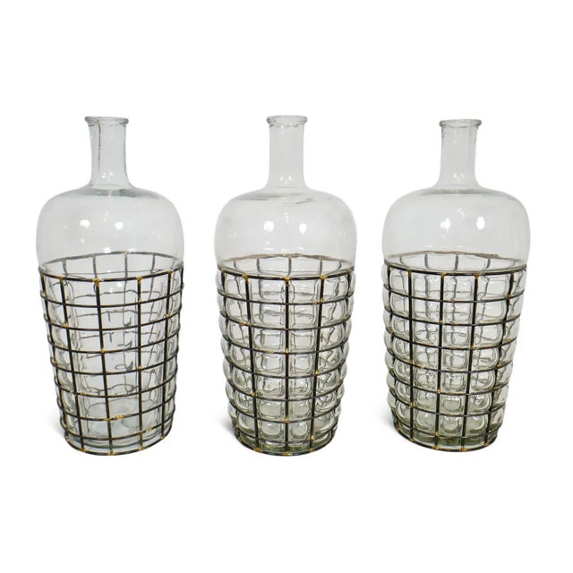Industrial Vintage Wire Basket Glass Vase For Sale - Image 3 of 6