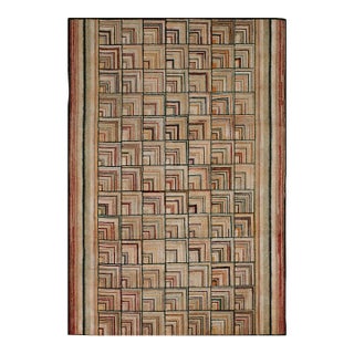 1930s Brown Tridimensional Square Antique American Hooked Rug 4'2" X 6'3" Handknotted Wool Carpet For Sale