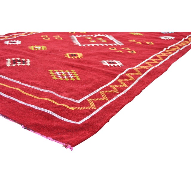 One-of-a-kind handwoven Moroccan flat-weave wool and silk rug, featuring an elegant rhythmic pattern of geometric shapes,...