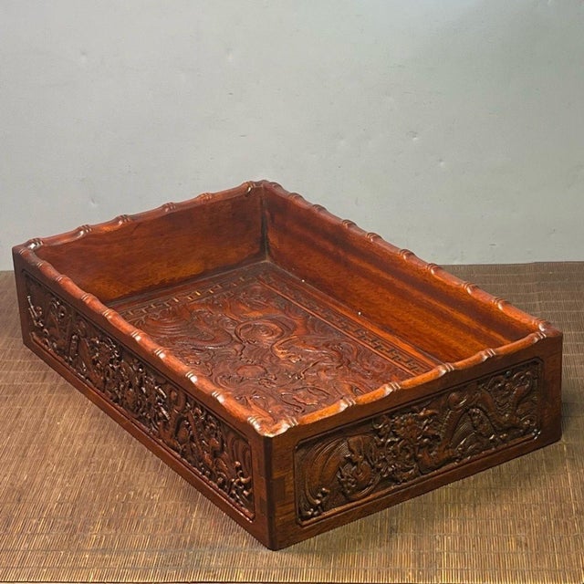 Vintage Rosewood Carved Rectangular Tea Tray | Chairish