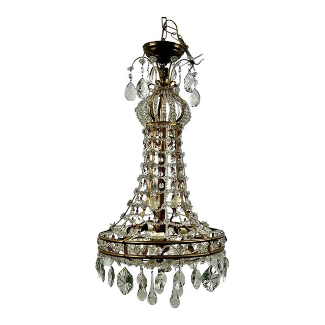 Vintage French Empire Style Gilt Bronze & Tiered Crystal & Beads Chandelier For Sale