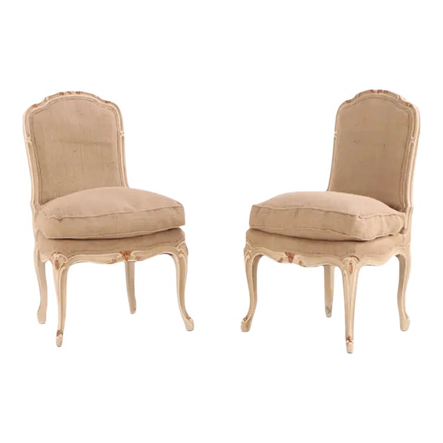 Early 20th Century Pair Louis XV Style Side Chairs With New French Burlap Fabric For Sale