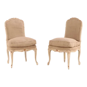 Early 20th Century Pair Louis XV Style Side Chairs With New French Burlap Fabric