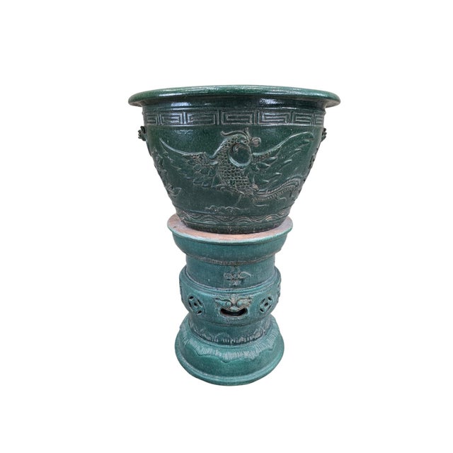 Modern Antique Green Glazed Planter Pot Vase From Guangdong Province With Stand For Sale - Image 3 of 6