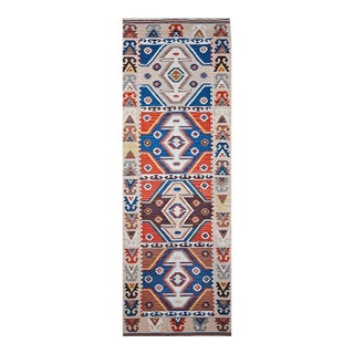 Vintage Turkish Tribal Kilim Runner, Handwoven Wool, Geometric Caucasian Pattern, Blue & Red, 3x8 For Sale