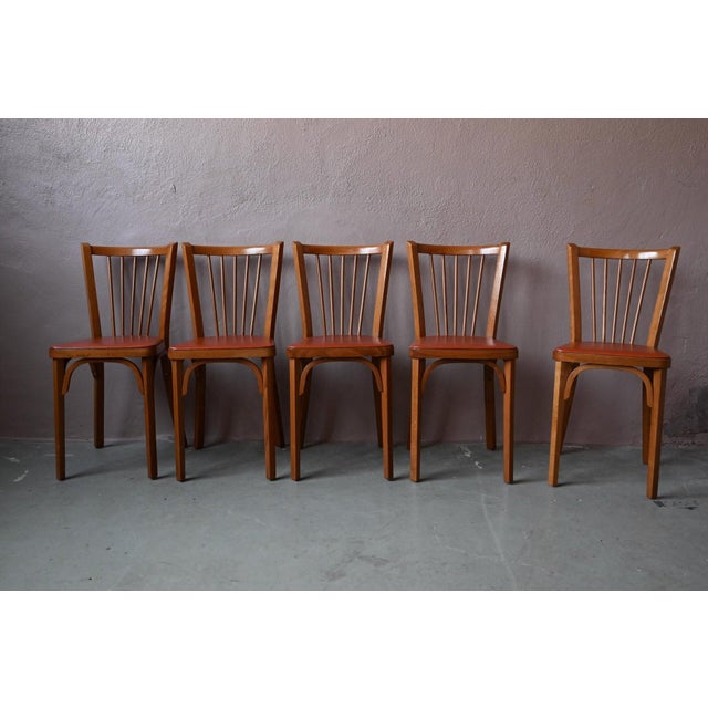 Bohemian Bistro Chairs with Spindles and Havana Orange Imitation Leather from Baumann, 1960s, Set of 5 For Sale - Image 3 of 15