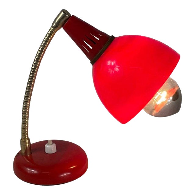 Vintage Red Desk Lamp with Brass Neck For Sale