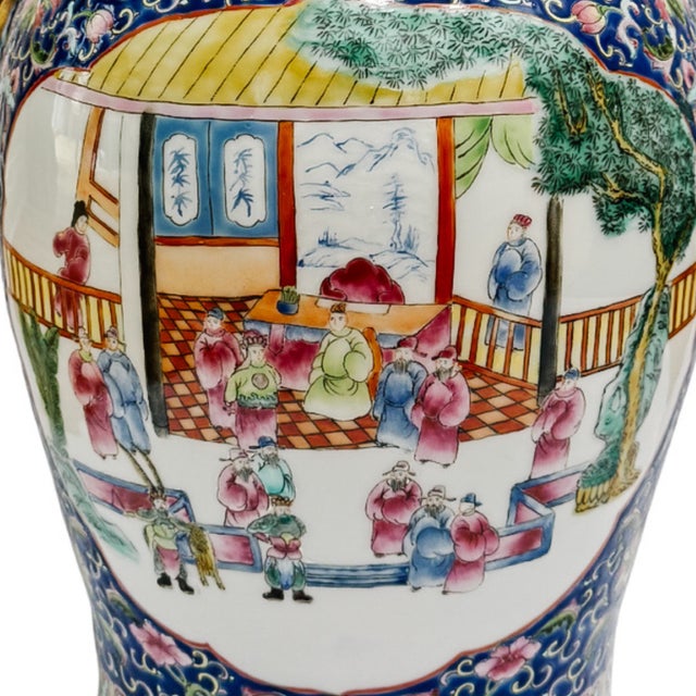 Blue Mid 20th Century Monumental 21" Chinese Famille Rose Medallion Porcelain Palace Jars With Foo Dog Lids For Sale - Image 8 of 14