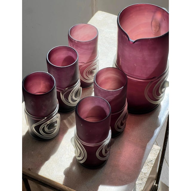 Late 20th Century Hand-Blown Purple Art Glass Pitcher And Glasses, 6 Pieces For Sale In Los Angeles - Image 6 of 12