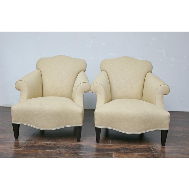 Late 20th Century Pair of Vintage French Lounge Chairs with Camelbacks, Rolled Arms, Ebonized Legs For Sale - Image 5 of 12