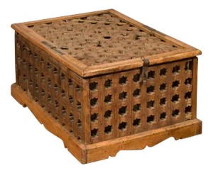 Rustic Indian Antique Food Box with Pierced Star Motifs and Bracketed Plinth