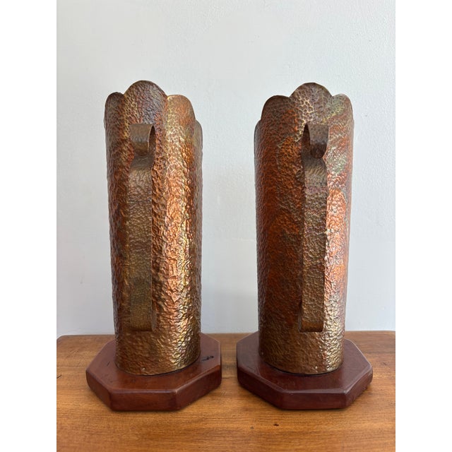 Mid 20th Century Mid 20th Century Hammered Copper Scalloped Candlestick Holders on Wood Base For Sale - Image 5 of 9
