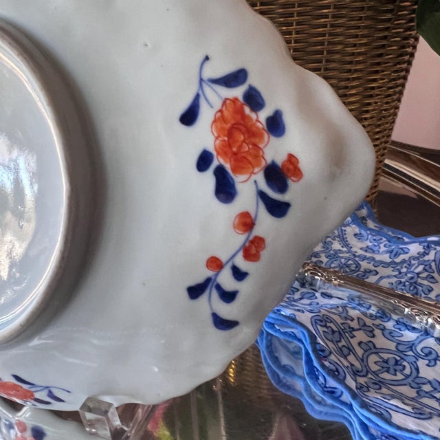 Hand-painted antique Imari leaf plate in fan and flower design // Arita plate // decorative plate // gilt edge // blue and white with orange For Sale - Image 14 of 17