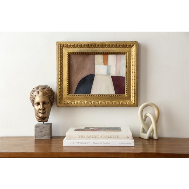 Small original abstract painting in a beautiful antique gold frame. This piece has a palette of pale dusty purple, sage,...