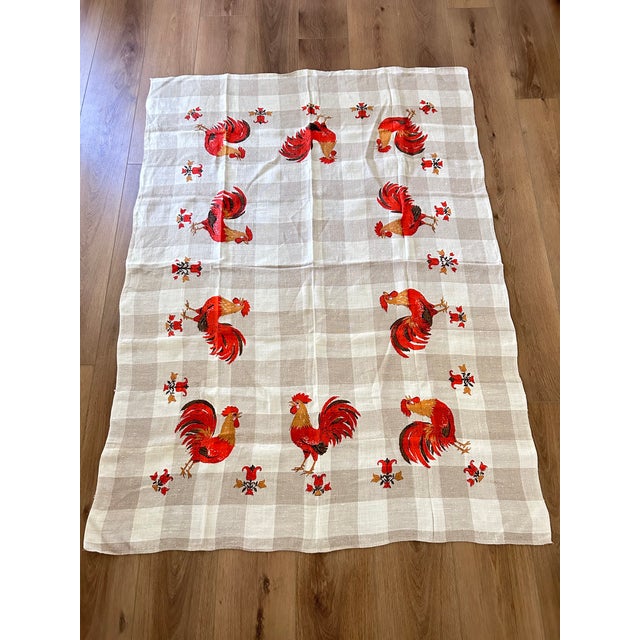 Vintage Rooster French Provincial Cream & Taupe Check Linen Tablecloth For Sale - Image 10 of 10