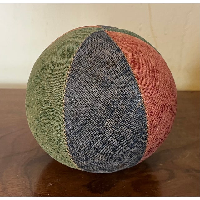 Antique 19th Century American Folk Art Victorian Child's Toy Oil Cloth Harlequin Ball For Sale - Image 4 of 15