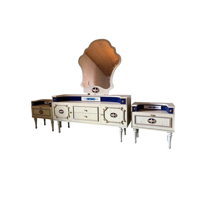 Gustavian (Swedish) Sideboard with Mirror and Bedside Table and Stool, Set of 5 For Sale - Image 3 of 7