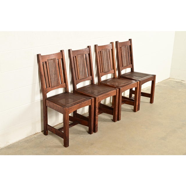 Charles Limbert Lifetime Furniture Antique Mission Oak and Cane Arts & Crafts Dining Chairs, Set of Four For Sale - Image 4 of 11