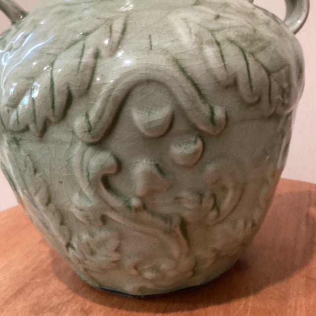 Vintage Celadon Glaze Crackle Finish With Handles Raised Floral Pattern Porcelain Vase For Sale - Image 10 of 12