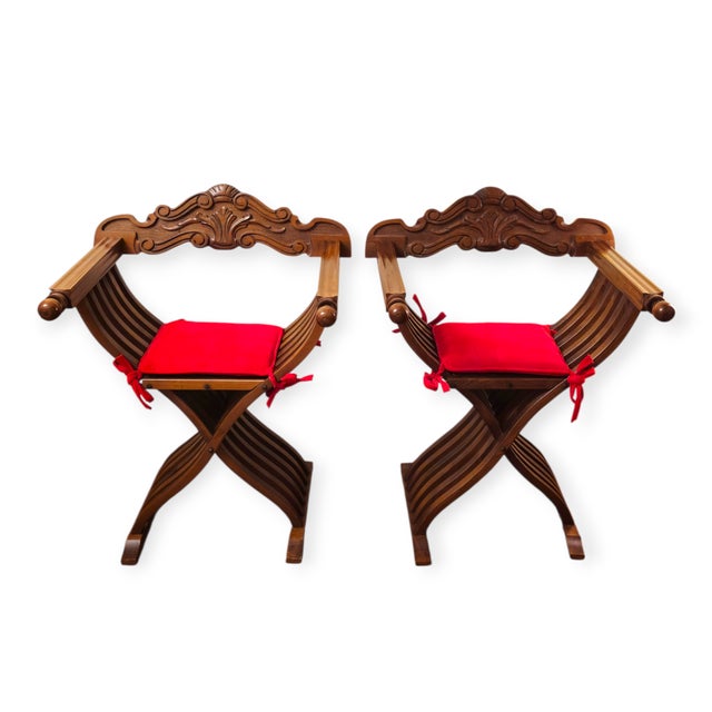 Pair of 1980s Renaissance Revival Style Wooden Folding Chairs With Red Cushions For Sale In New York - Image 6 of 12