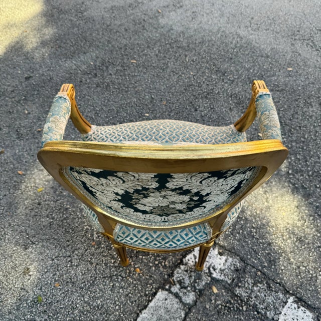 2000 - 2009 Baroque Blue Damask Chair With Gold Leaf Details For Sale - Image 5 of 7