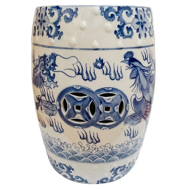 Chinoiserie Late 20th Century Chinese Blue & White Garden Stool With Dragon & Phoenix Motif For Sale - Image 3 of 9