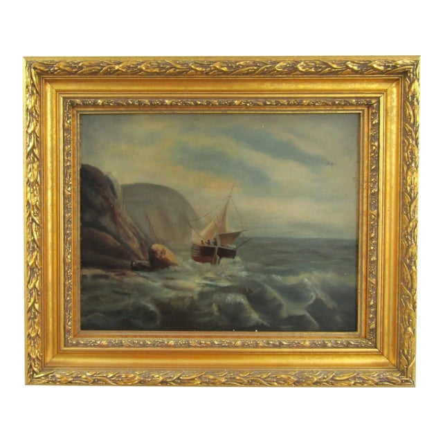 Antique 19th C. Continental Stormy Seascape With Sailboat Oil on Canvas Painting For Sale