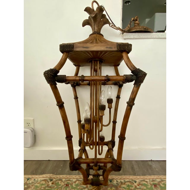 Chinoiserie Vintage Mid-Century Faux Bamboo & Rattan Pagoda Hanging Lantern Pendant Chandelier For Sale - Image 3 of 8