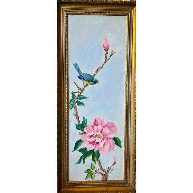 Wood 1950s Untitled Vintage Framed Signed Painting of Pink Magnolia and Blue Bird For Sale - Image 7 of 10