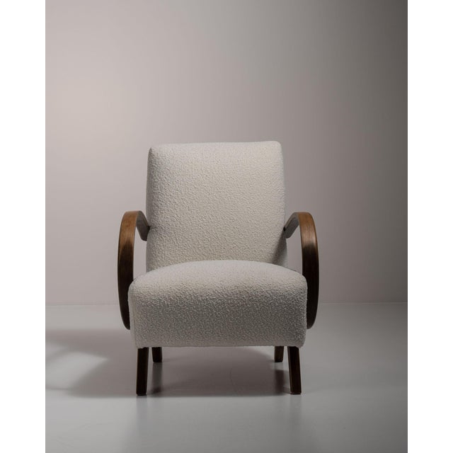 Wood 20th Century Czech Republic Warm Ivory Boucle Bentwood-Arm Lounge Chair For Sale - Image 7 of 10