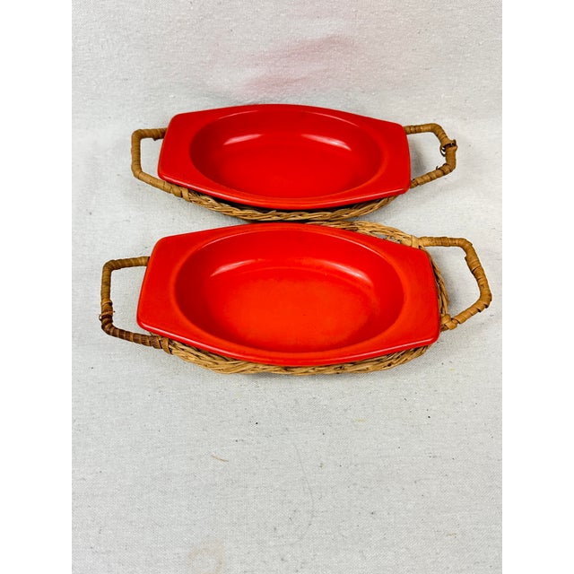 Mid-Century Modern Vintage Mid-Century Modern 1960s Dynasty Ware Red Enamel Baking Serving Dishes Wicker Holders-a Pair For Sale - Image 3 of 11