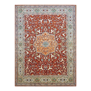 Antique Persian Tabriz Wool 9x12 Red, Ivory, & Green Handmade Area Rug #1143240