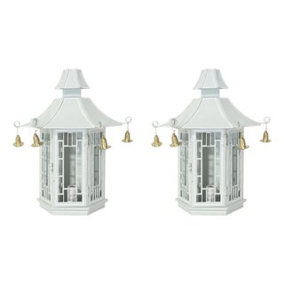Vintage Chinoiserie Green Pagoda Wall Sconces With Hanging Brass Bells - a Pair For Sale