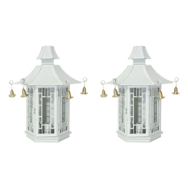 Vintage Chinoiserie Green Pagoda Wall Sconces With Hanging Brass Bells - a Pair For Sale