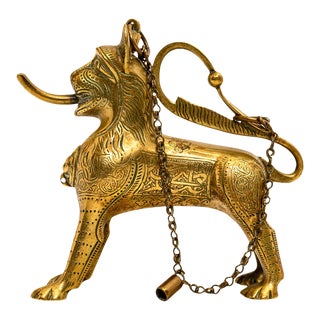 Antique Gilt Bronze Islamic Calligraphy Lion Table Lighter Lamp Aquamanile 1860 For Sale