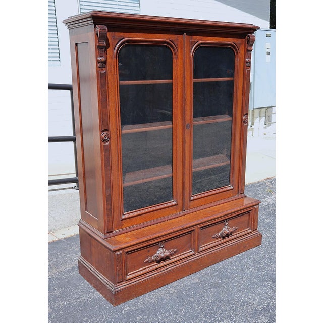 Victorian Late 19th Century Victorian Walnut Glazed Library Bookcase With Drawers For Sale - Image 3 of 14
