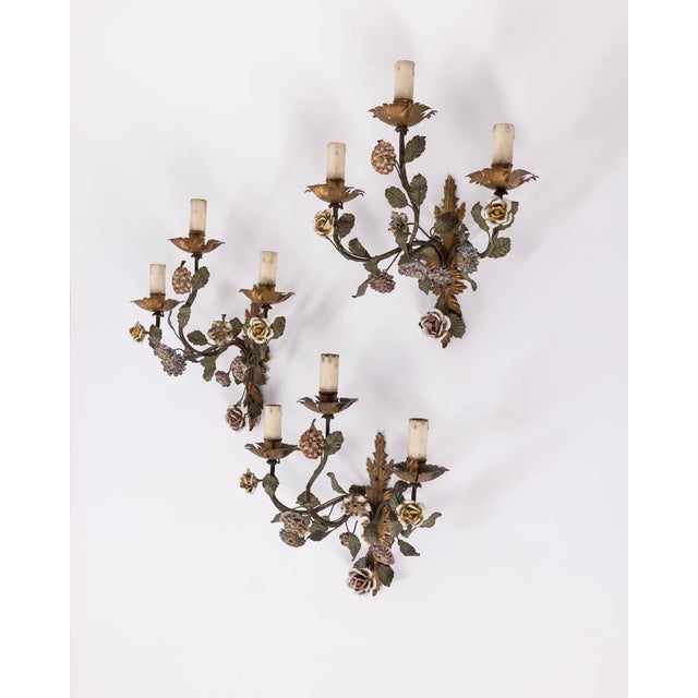 Vintage Italian Floral Wall Lamps in Iron and Porcelain, 1950s, Set of 3 For Sale - Image 4 of 16