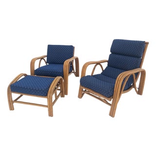 Pair of His & Hers Rattan Bamboo Mid Century Modern Lounge Chairs Ottoman MINT! For Sale