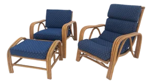 Pair of His & Hers Rattan Bamboo Mid Century Modern Lounge Chairs Ottoman MINT!