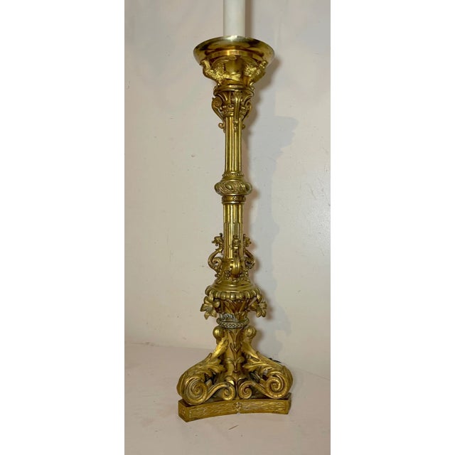 Figurative Huge Antique 1800's Ornate Bronze Religious Candle Holder Electric Table Lamp For Sale - Image 3 of 17